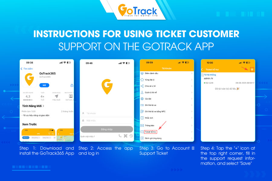 Instructions for using the ticket - online customer support on the GoTrack App
